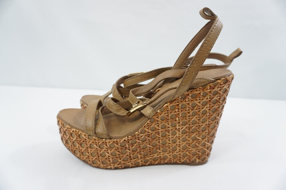 TORY BURCH USED/MISSING ANKLE STRAPS Leather Strappy Straw Wedge Heels 8.5 Taupe